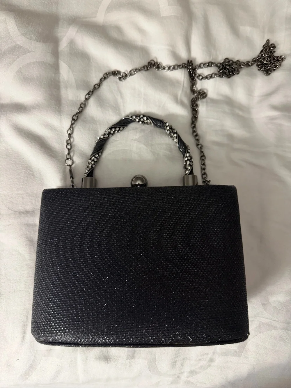 D’Margaux Black Top Handle Evening Bag with Twisted Crystal-Accent Handle